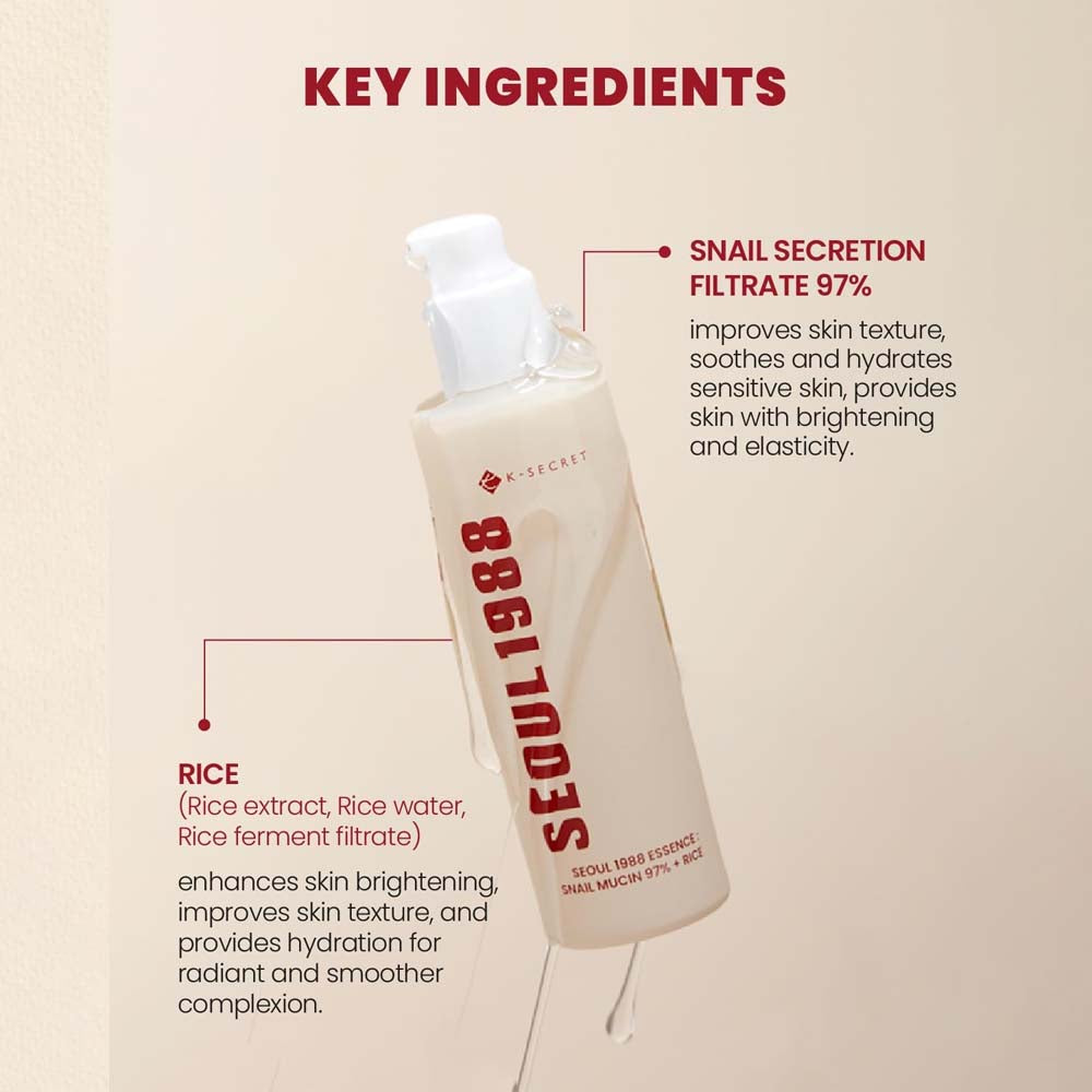K-SECRET SEOUL 1988 Essence – Snail Mucin 97% + Rice 100ml | Korean Skincare | OthoiMart Beauty Shop