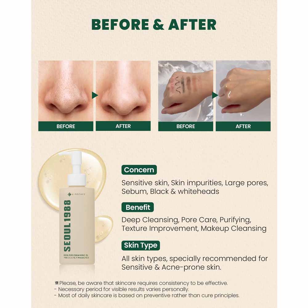 KSECRET SEOUL 1988 Cleansing Oil – Pine Cica 1% + Probiotics 200ml | Korean Skincare | OthoiMart Beauty Shop